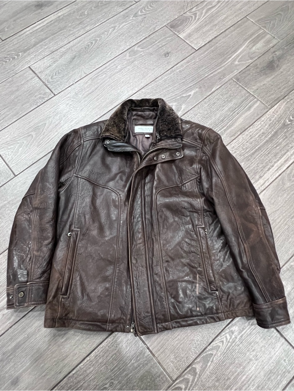 Marc New York Leather Jacket Brown Shearling Collar Size L
